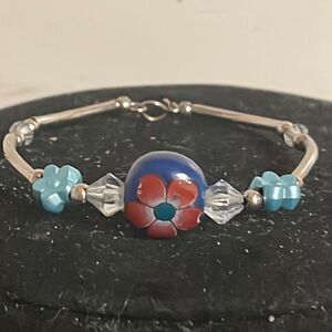 6” solid silver tone bracelet w/ multi shaped/colored beaded bangle bracelet